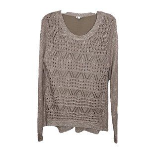 Sioni Studio Taupe Open-Knit High-Low Sweater Size L Button-Back Lined Beaded
